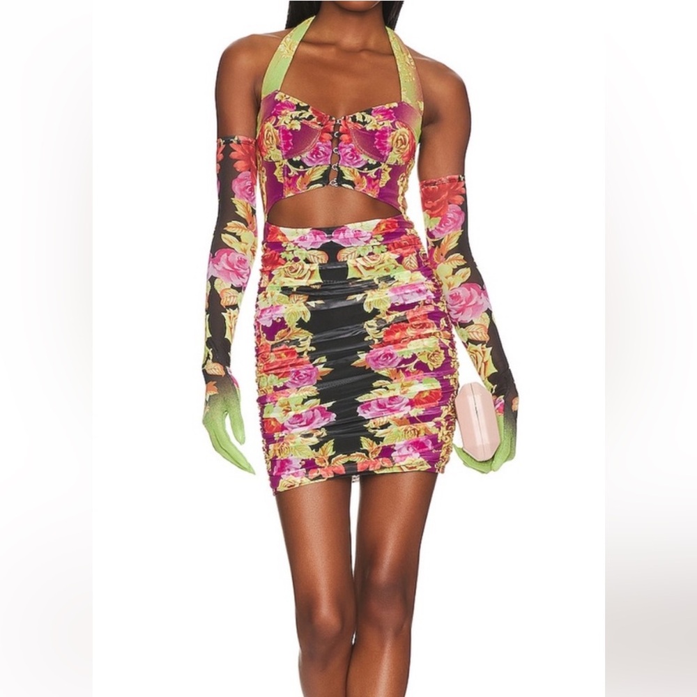 AFRM Abstract Floral Cutout Halter Dress with Gloves Sz XXL